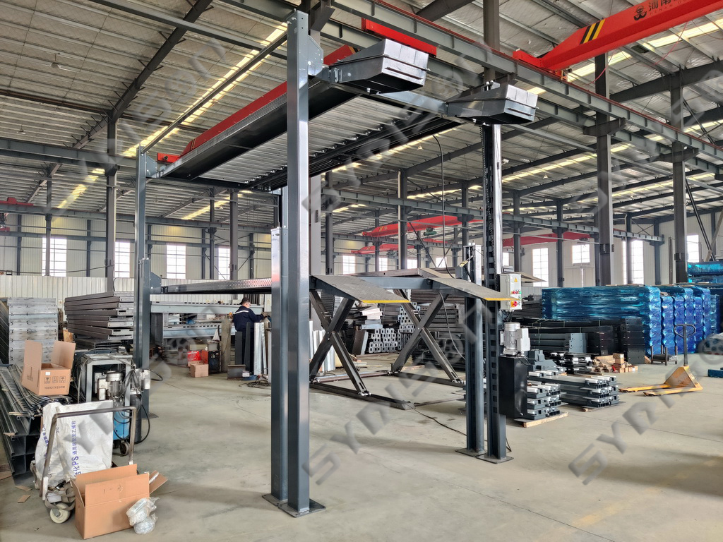 TFPP three level parking lift with both platforms raised to maximize vertical space