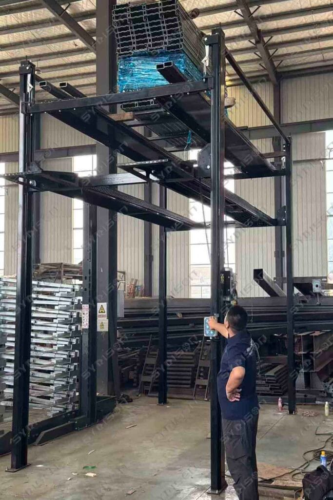 Syrison HFPP triple-level parking lift undergoing official EN14010 CE 1.25 times dynamic load test