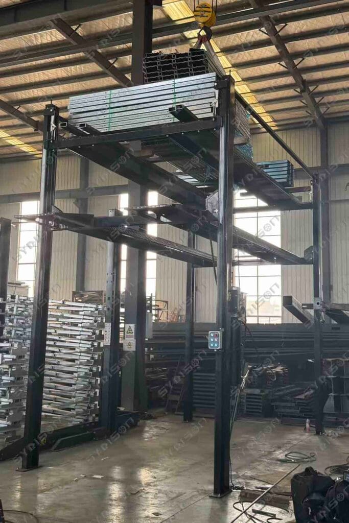 Syrison HFPP triple-level parking lift holding 150 percent static load weight during official EN14010 CE safety inspection