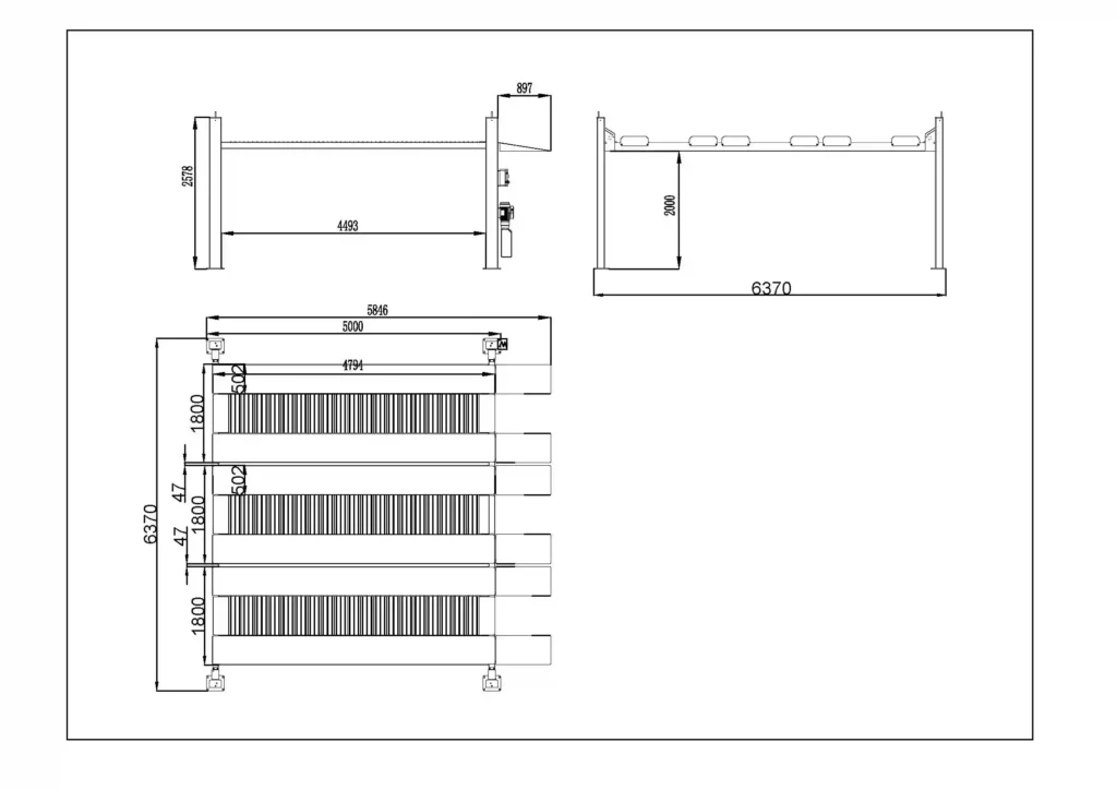 Custom DFPP triple-width 6-car parking lift CAD engineering drawing with dimensions