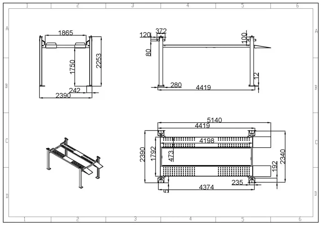 Dimension drawing of custom narrow four post hydraulic car hoist for truck installation