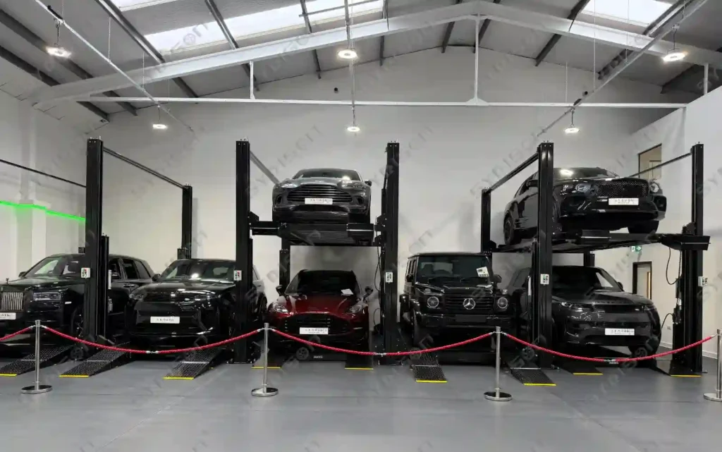 15 triple stacker parking lifts installed in a UK luxury car showroom