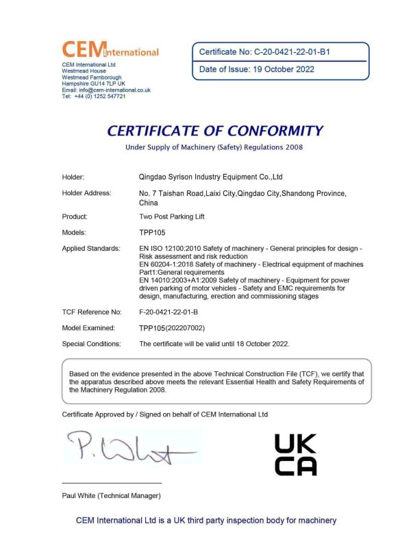 UKCA TPP105 Certificate